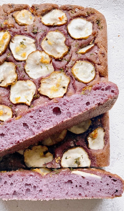 No-knead overnight Purple Potatoes and Jerusalem Artichokes Focaccia