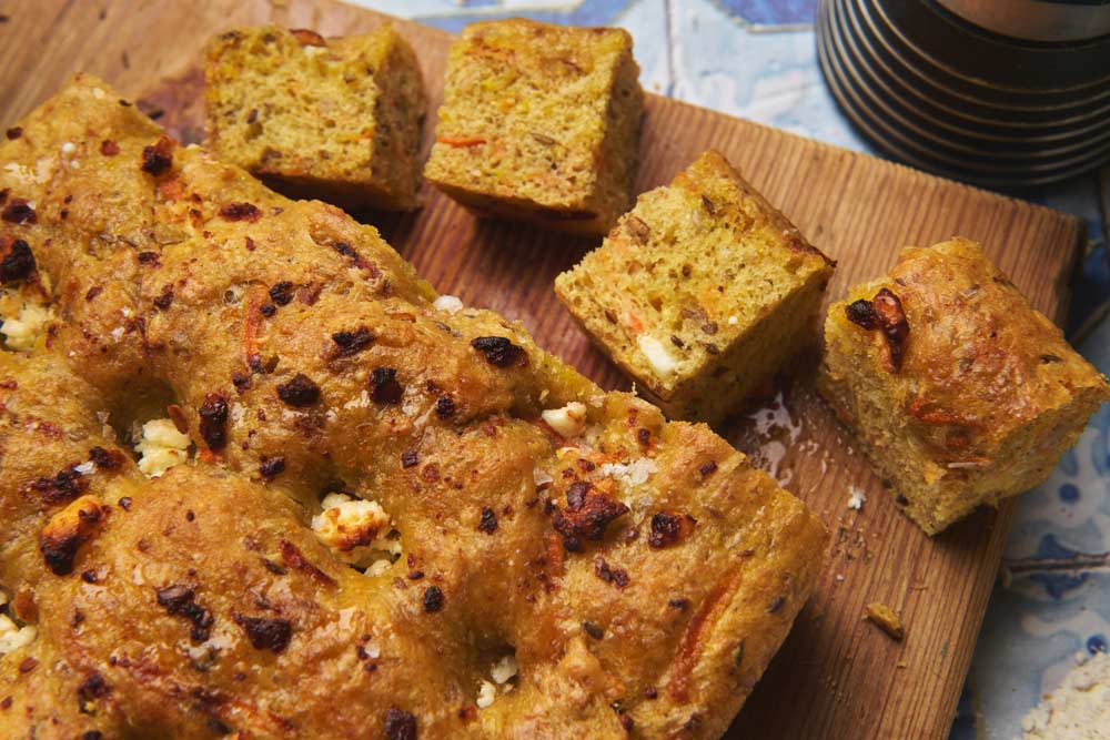 Eight Grain, Carrot, Honey and Feta Focaccia Recipe